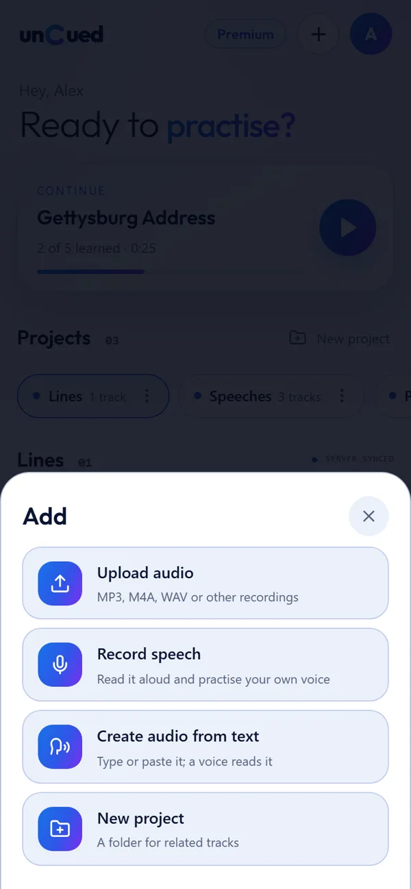 The unCued add sheet: upload audio, record, or create audio from text